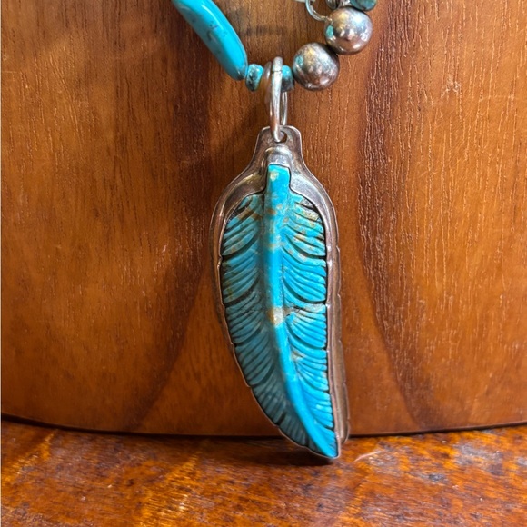 Rae Ramsey Natural Turquoise Beaded Necklace 36” with feather Pendant. RODEO - Picture 3 of 4